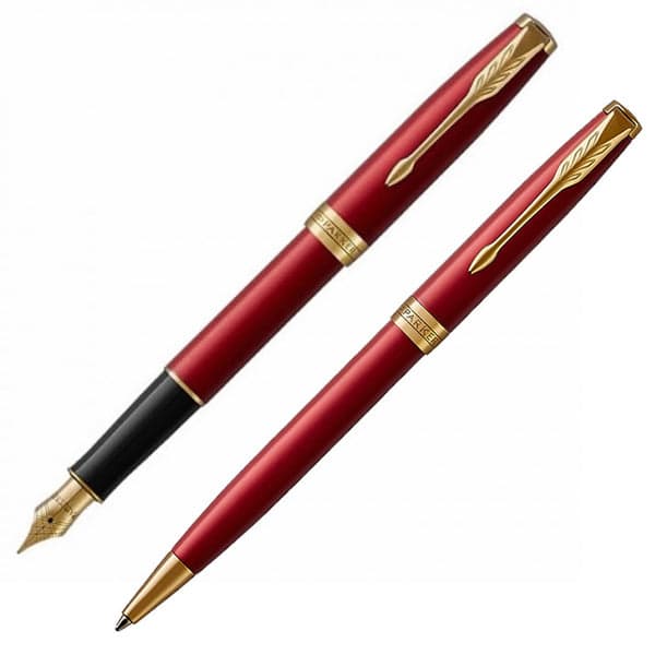 Parker Sonnet Red Lacquer and Gold Trim Fountain & Ballpoint Pen Set