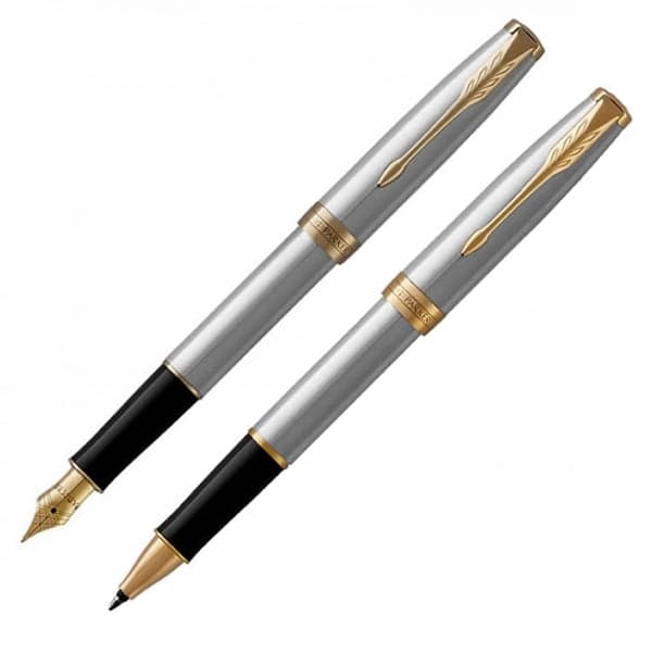 Parker Sonnet Stainless Steel Gold Trim Fountain & Rollerball Pen Set