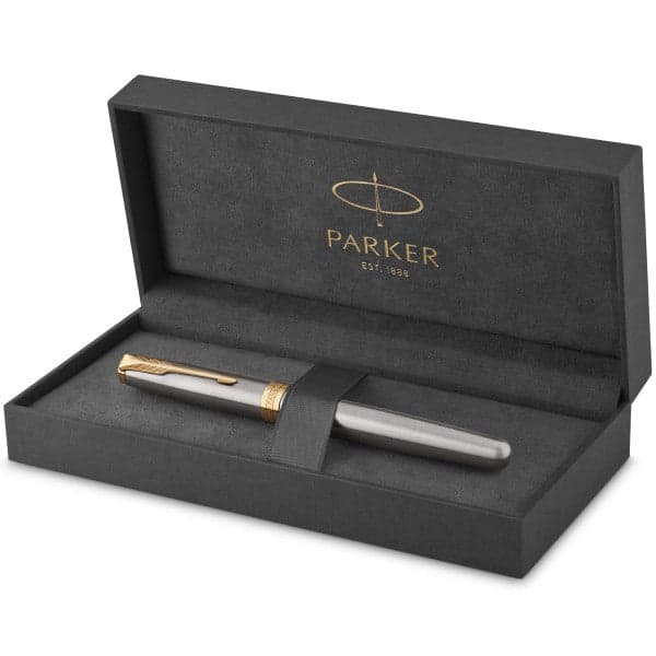Parker Sonnet Stainless Steel Gold Trim Fountain & Rollerball Pen Set 2