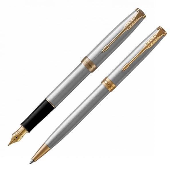 Parker Sonnet Stainless Steel Gold Trim Fountain & Ballpoint Pen Set