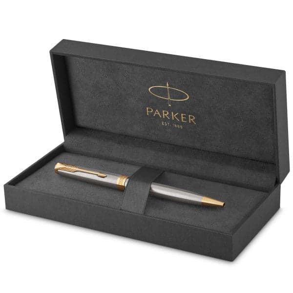 Parker Sonnet Stainless Steel Gold Trim Fountain & Ballpoint Pen Set 2