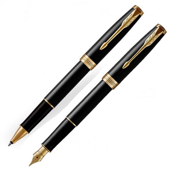 Parker Sonnet Laque Black Gold Trim Fountain & Rollerball Pen Set