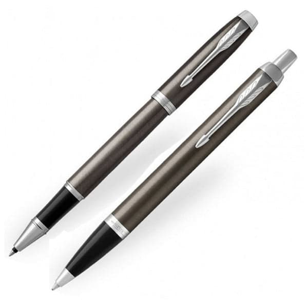 Parker IM Dark Espresso Chrome Trim Ballpoint & Rollerball Pen Set