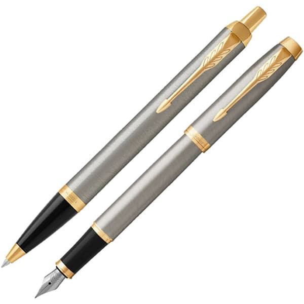 Parker IM Brushed Metal Gold Trim Ballpoint & Fountain Pen Set