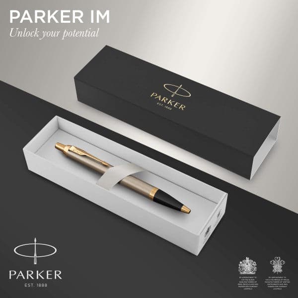 Parker IM Brushed Metal Gold Trim Ballpoint & Fountain Pen Set 2