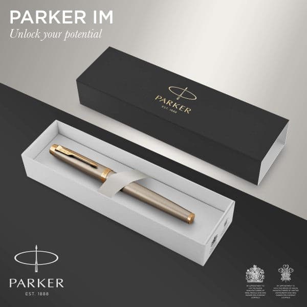 Parker IM Brushed Metal Gold Trim Ballpoint & Fountain Pen Set 3