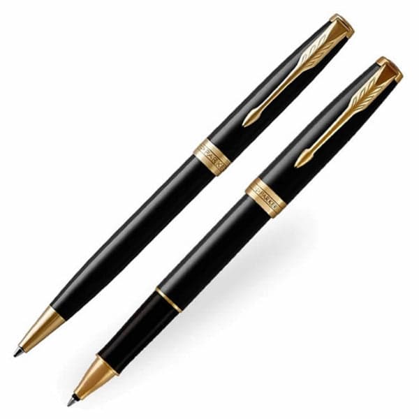 Parker Sonnet Laque Black Gold Trim Ballpoint & Rollerball Pen Set