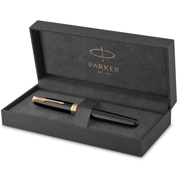 Parker Sonnet Laque Black Gold Trim Ballpoint & Rollerball Pen Set 2