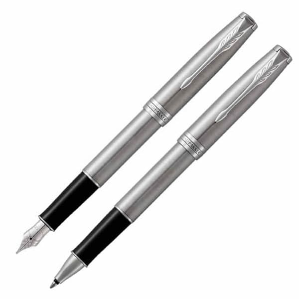 Parker Sonnet Stainless Steel Chrome Trim Fountain & Rollerball Pen Set