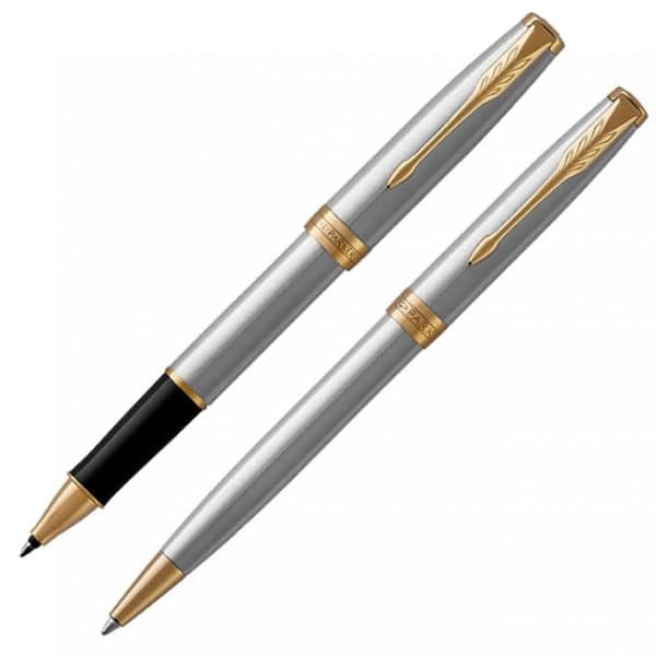 Parker Sonnet Stainless Steel Gold Trim Ballpoint & Rollerball Pen Set